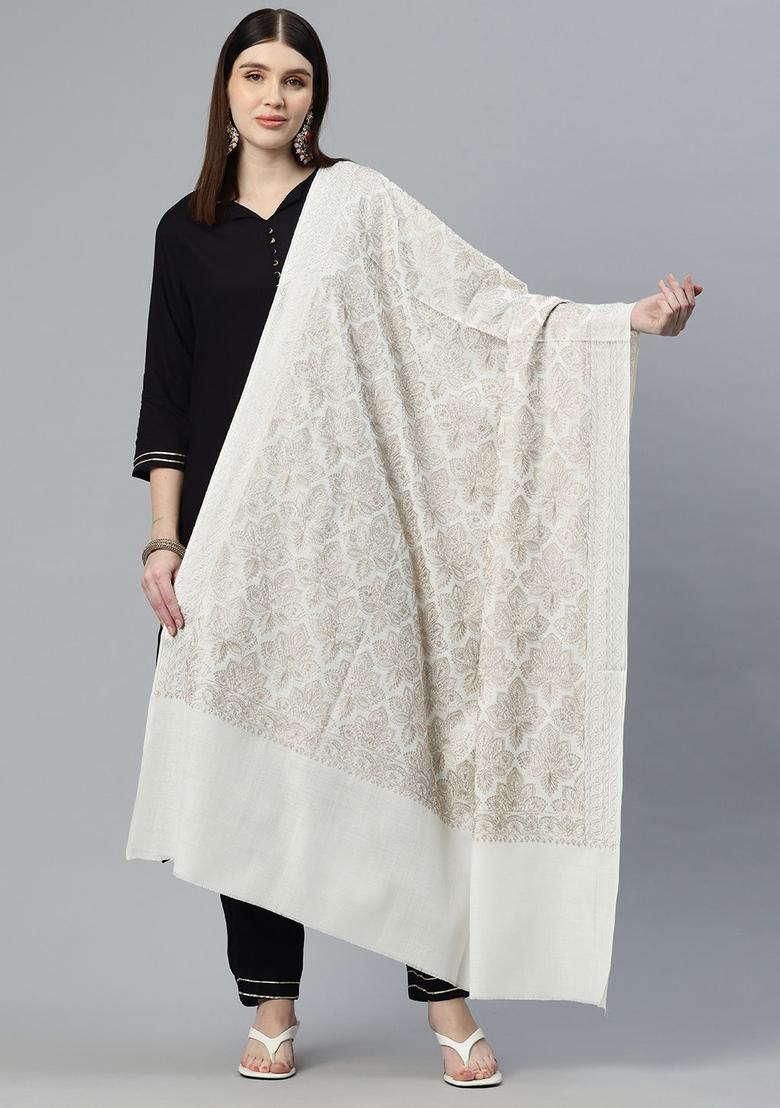 White Floral Woolen Shawls - Indya