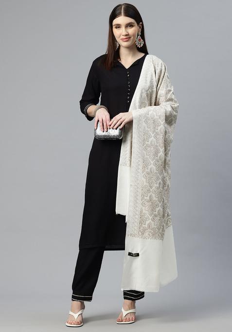 White Floral Woolen Shawls