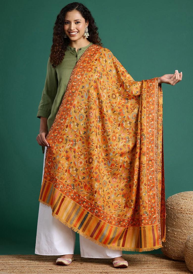 Mustard Floral Woolen Shawls - Indya