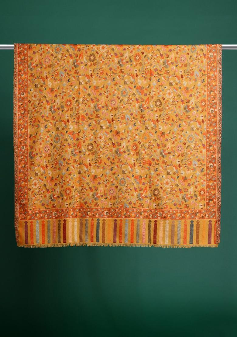 Mustard Floral Woolen Shawls - Indya