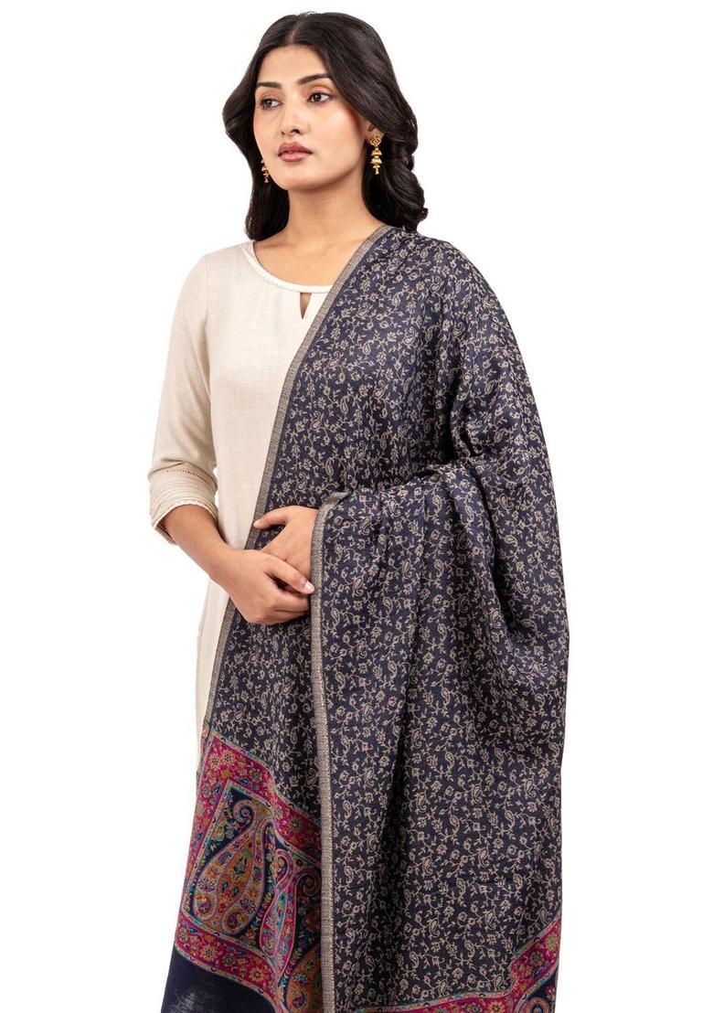 Navy Blue Paisley Woolen Shawls - Indya