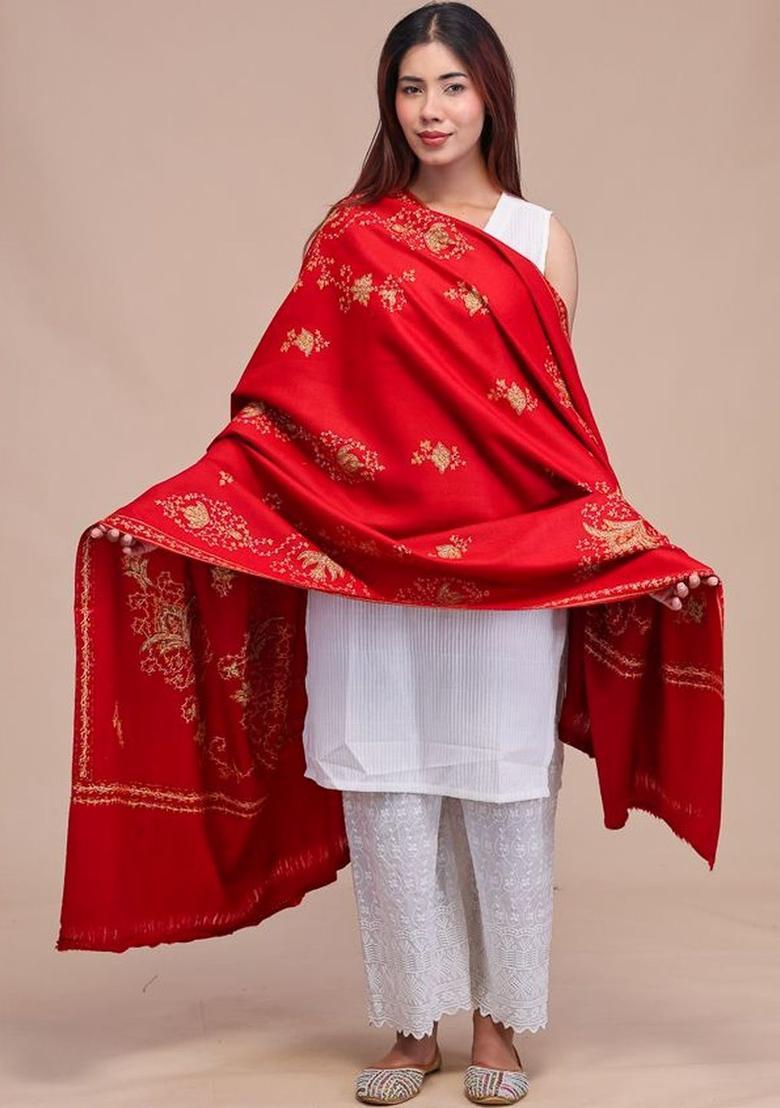 Maroon Floral Woolen Shawls - Indya