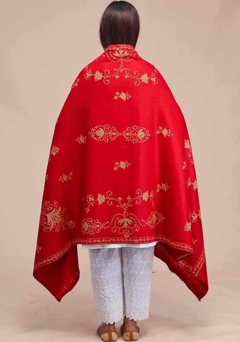 Maroon Floral Woolen Shawls - Indya