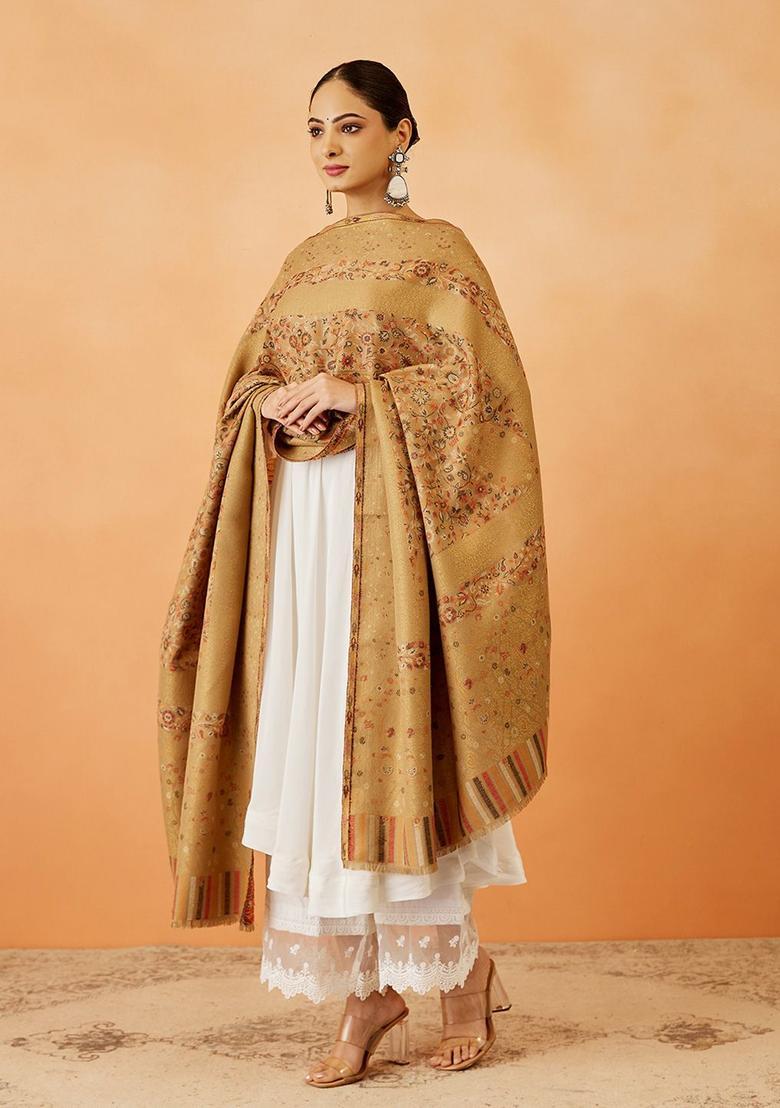 Beige Paisley Woolen Shawls - Indya