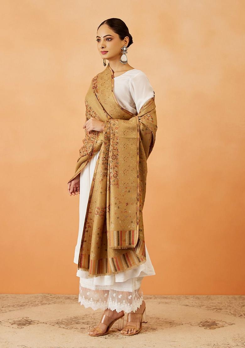 Beige Paisley Woolen Shawls - Indya