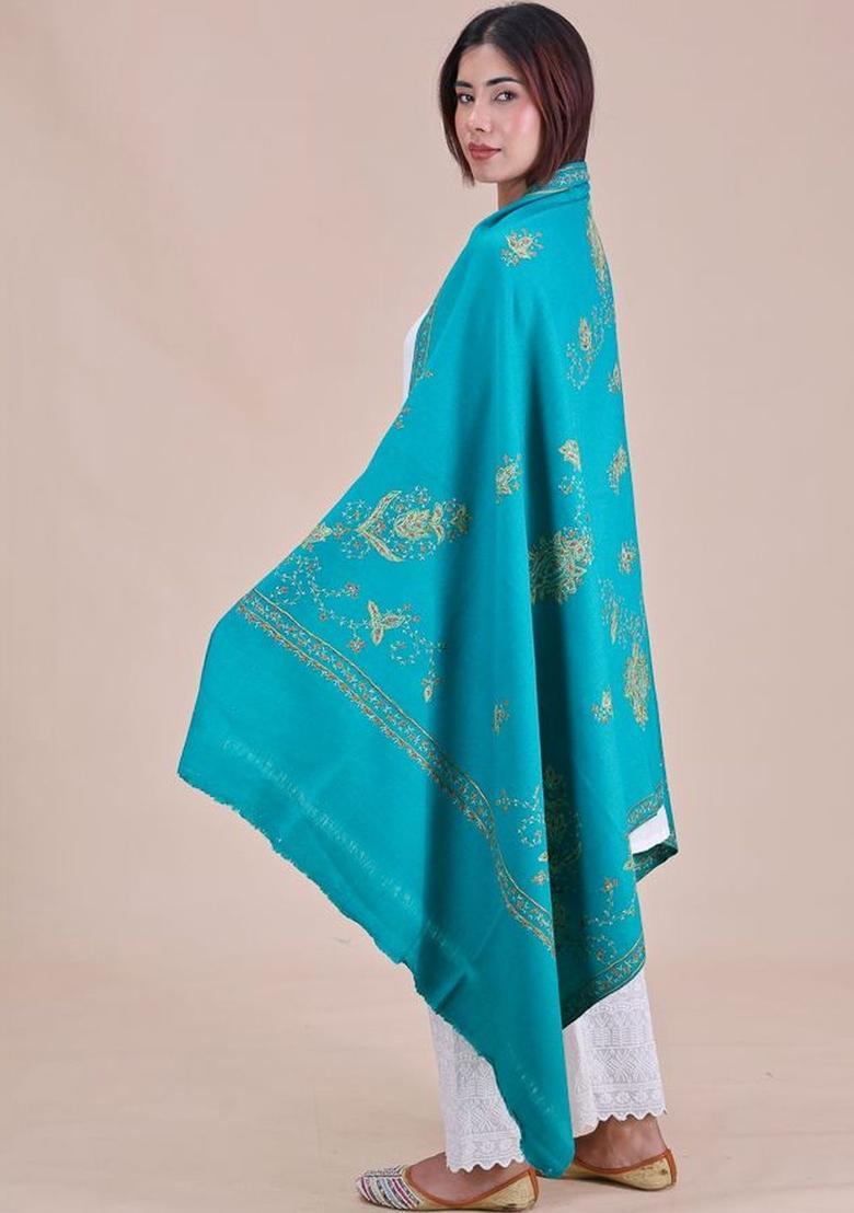 Sea Green Floral Woolen Shawls - Indya