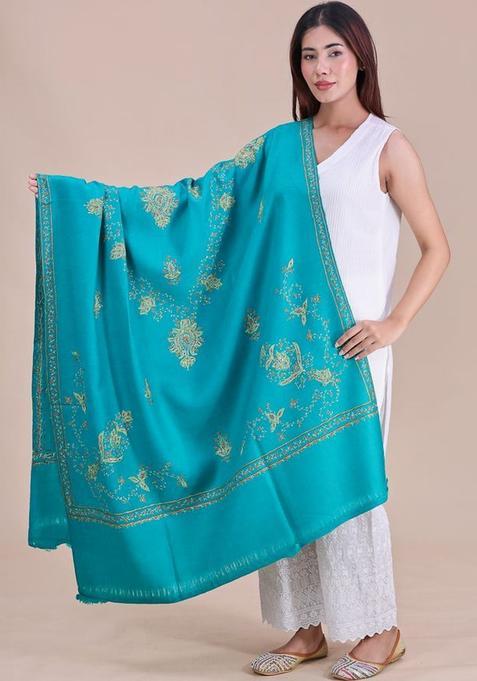 Sea Green Floral Woolen Shawls