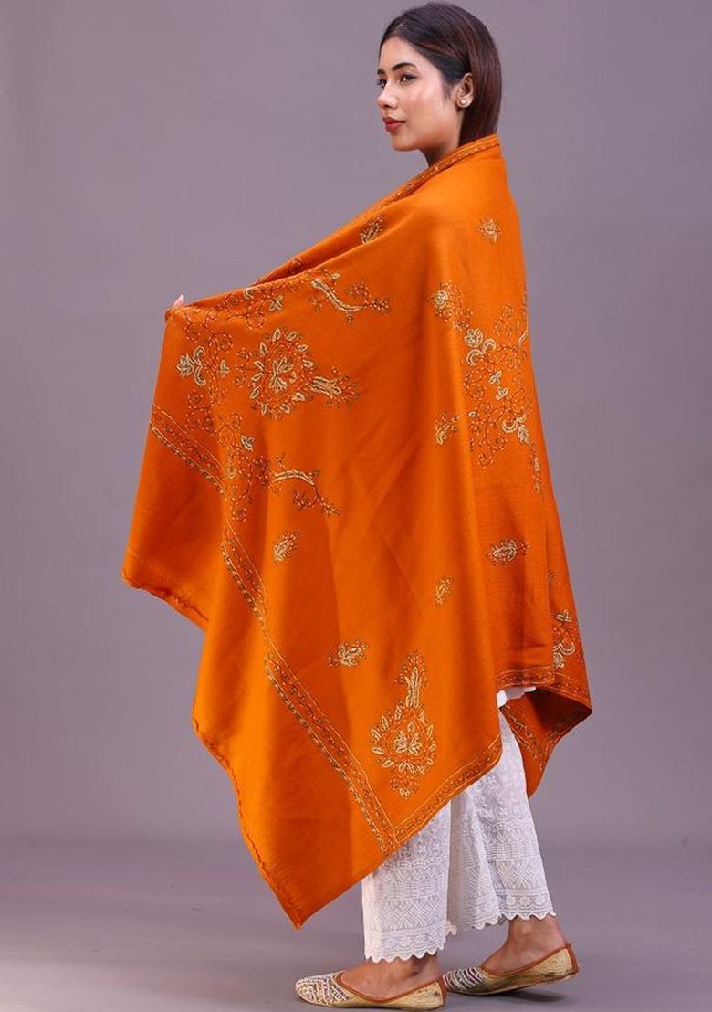 Rust Floral Woolen Shawls - Indya