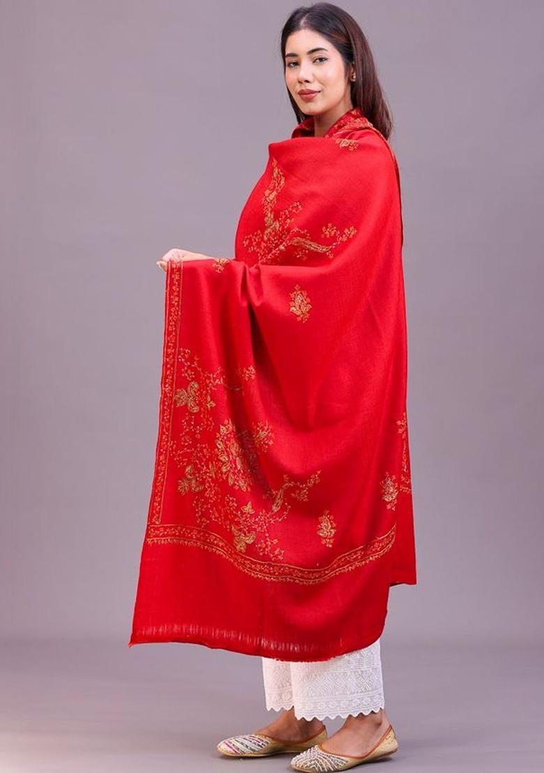 Maroon Floral Woolen Shawls - Indya