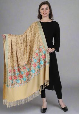 Beige Floral Woolen Shawls