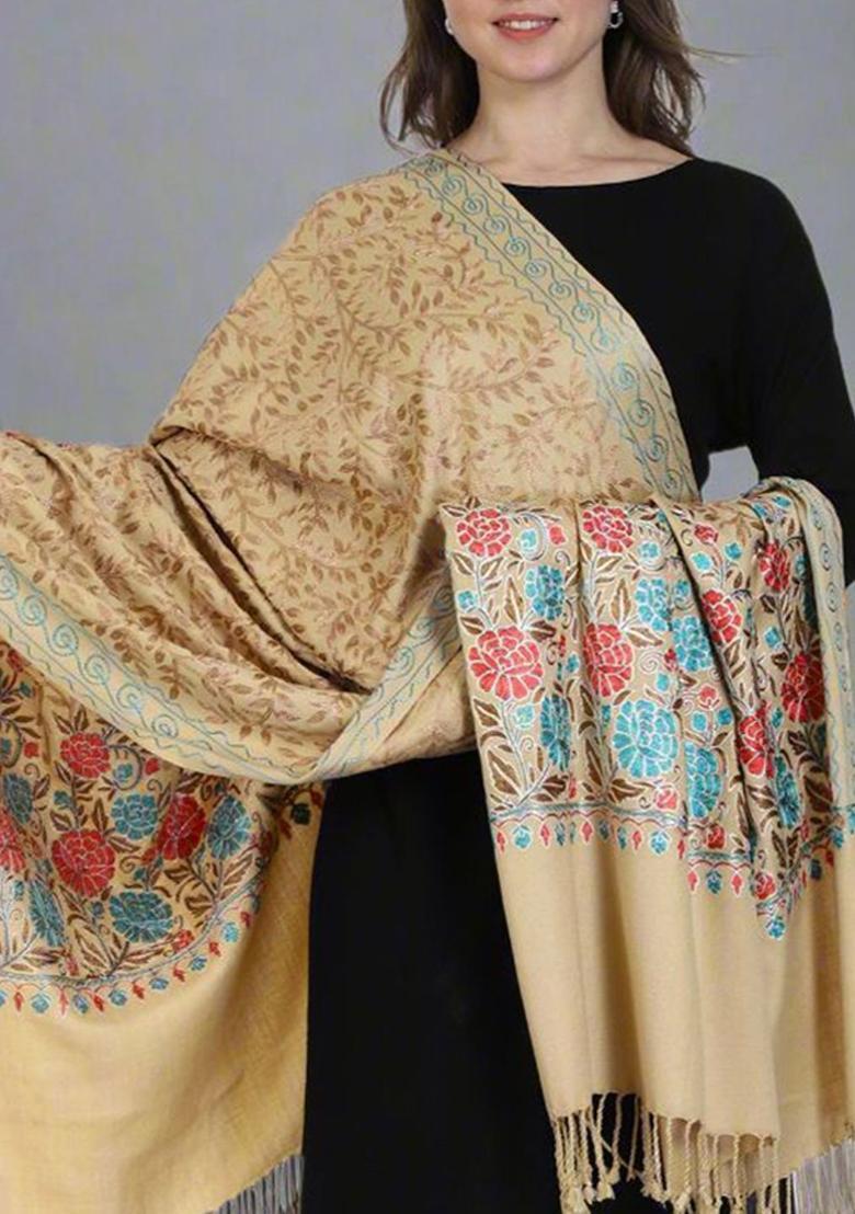 Beige Floral Woolen Shawls - Indya