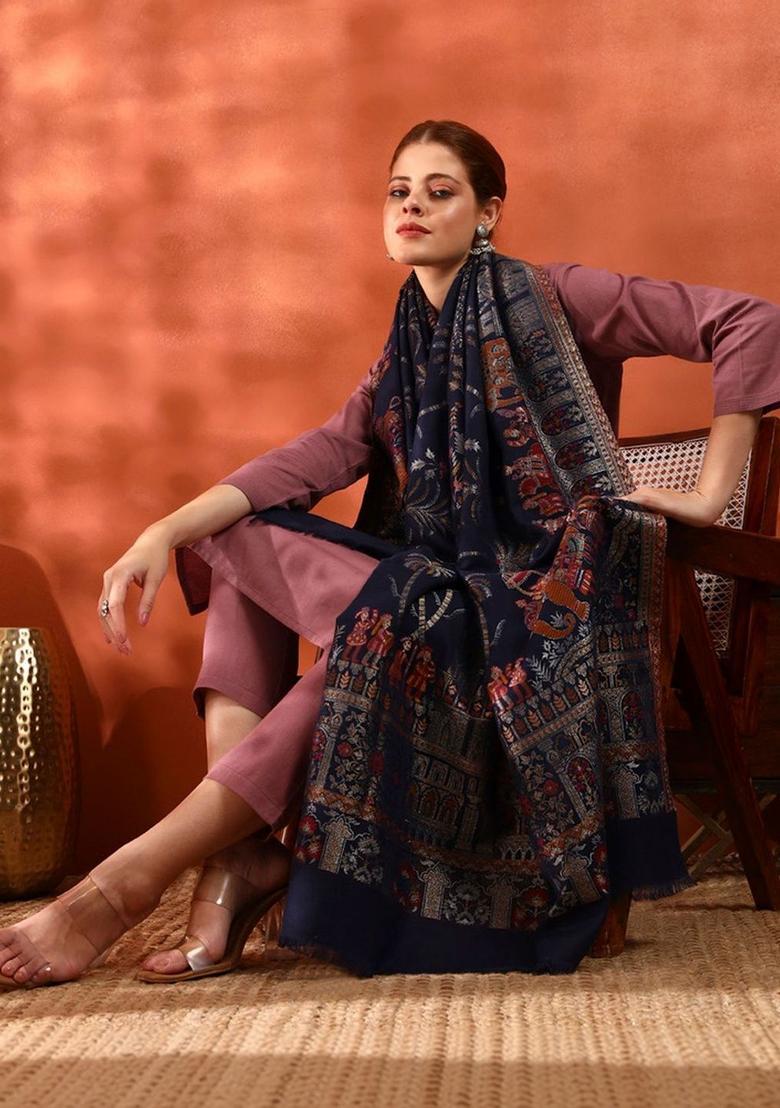 Black Graphic Woolen Shawls - Indya