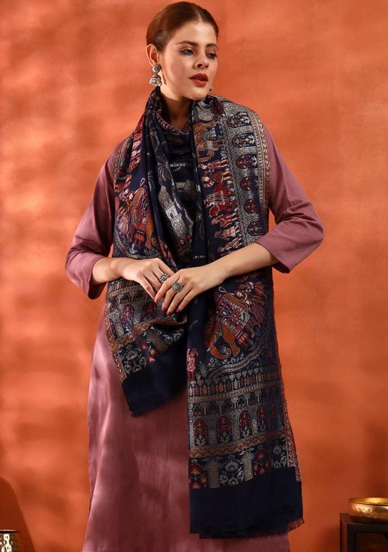 Black Graphic Woolen Shawls - Indya