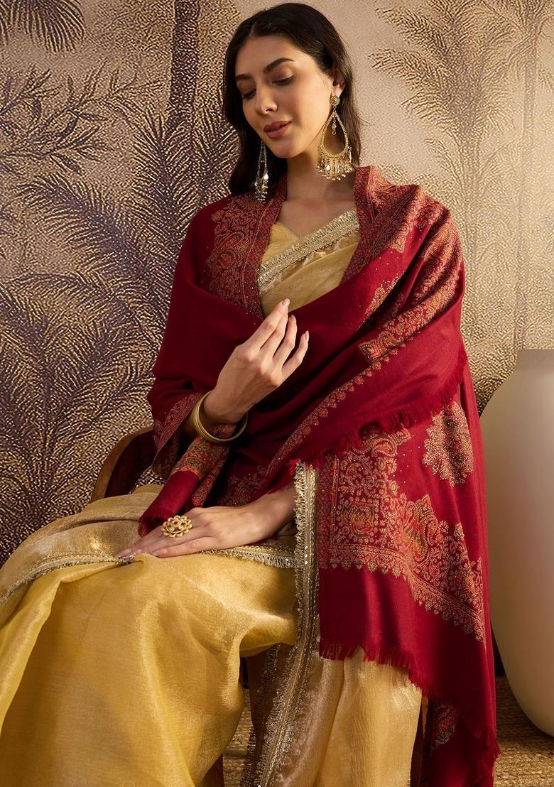 Maroon Woven Design Woolen Shawls - Indya