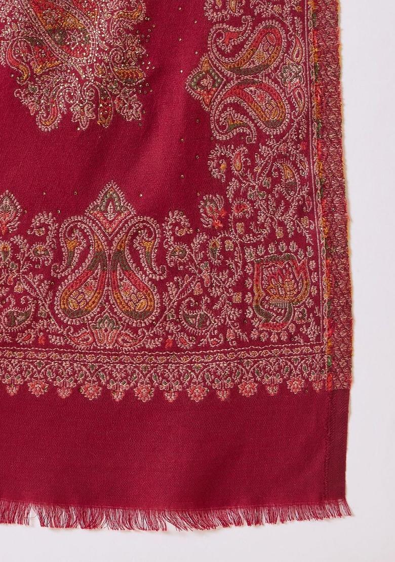 Maroon Woven Design Woolen Shawls - Indya