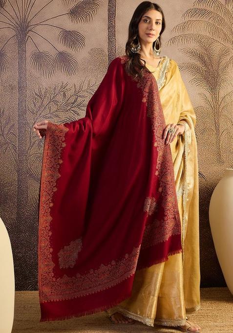 Maroon Woven Design Woolen Shawls