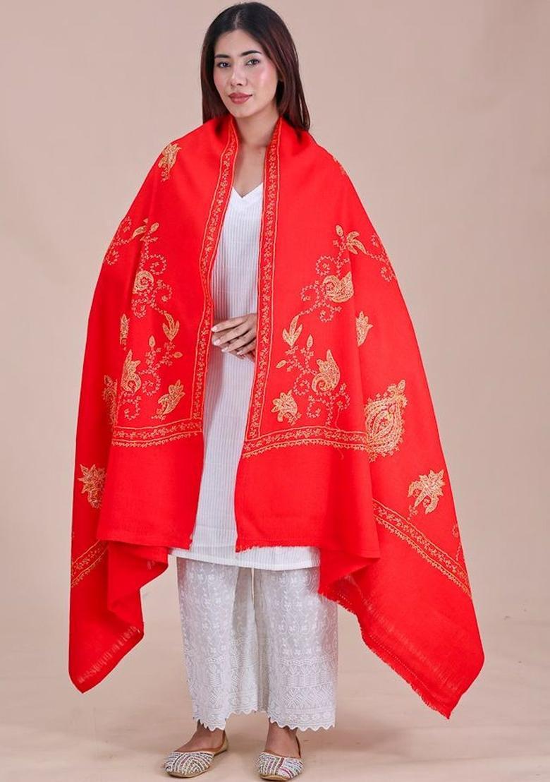Red Floral Woolen Shawls - Indya