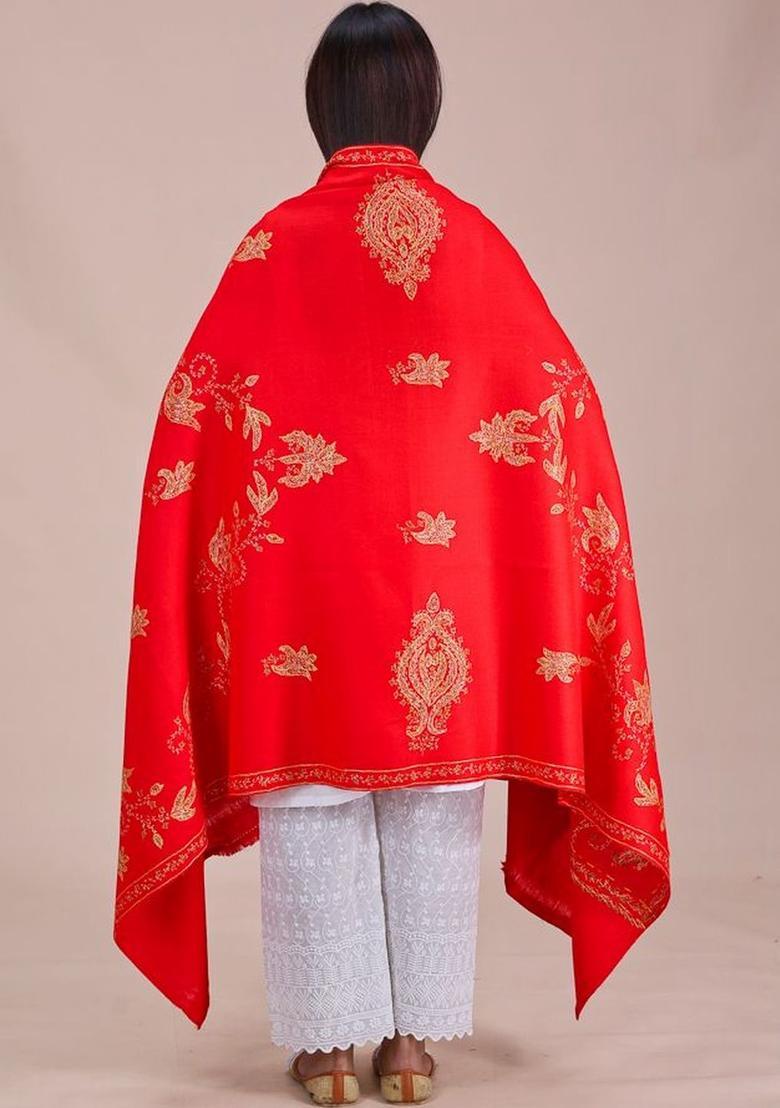 Red Floral Woolen Shawls - Indya