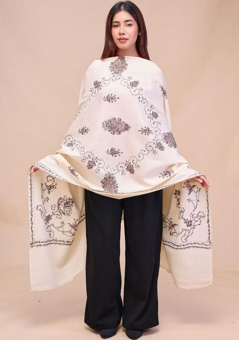 White Floral Woolen Shawls - Indya