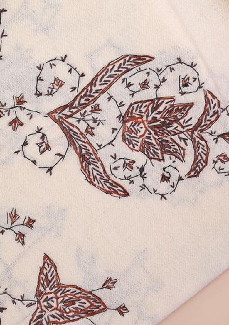 White Floral Woolen Shawls - Indya