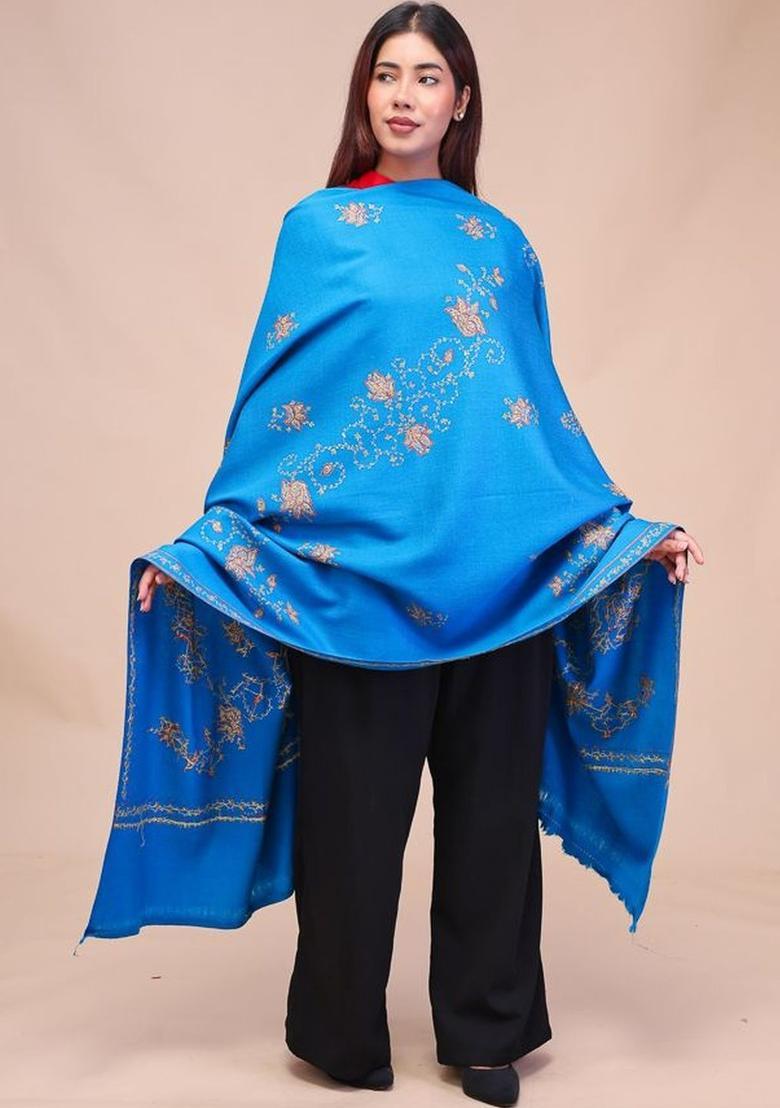 Turquoise Blue Floral Woolen Shawls - Indya