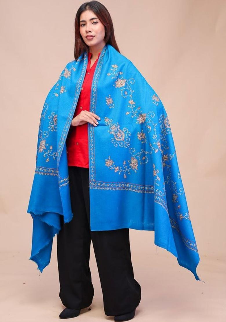 Turquoise Blue Floral Woolen Shawls - Indya