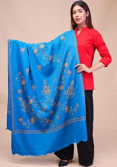 Turquoise Blue Floral Woolen Shawls