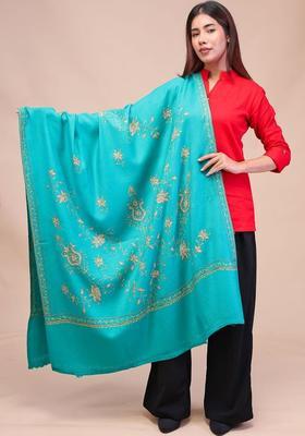 Sea Green Floral Woolen Shawls