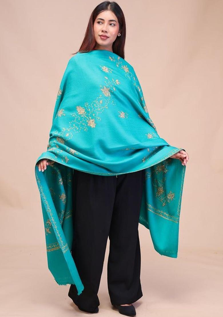 Sea Green Floral Woolen Shawls - Indya