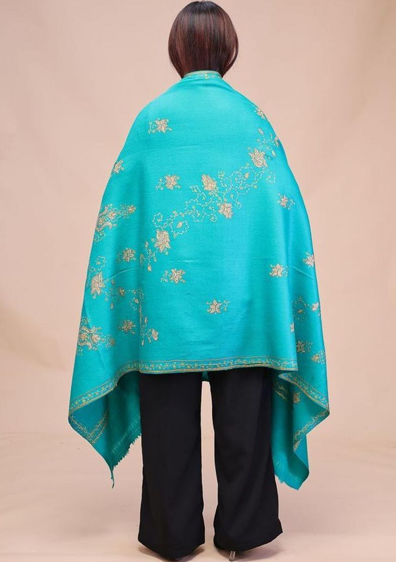 Sea Green Floral Woolen Shawls - Indya
