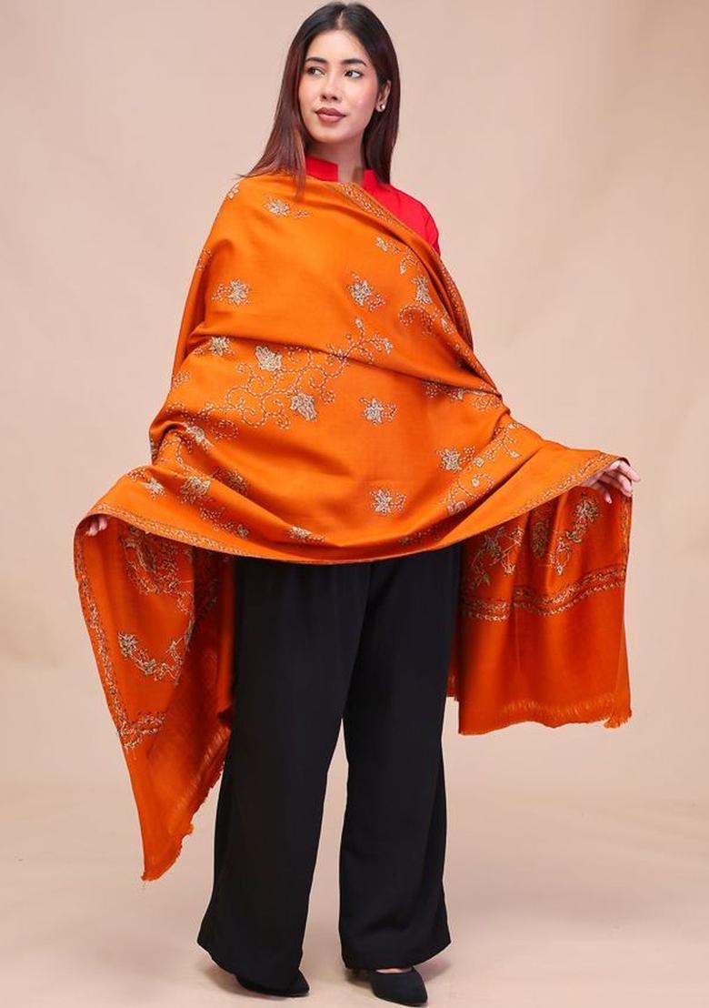 Rust Floral Woolen Shawls - Indya