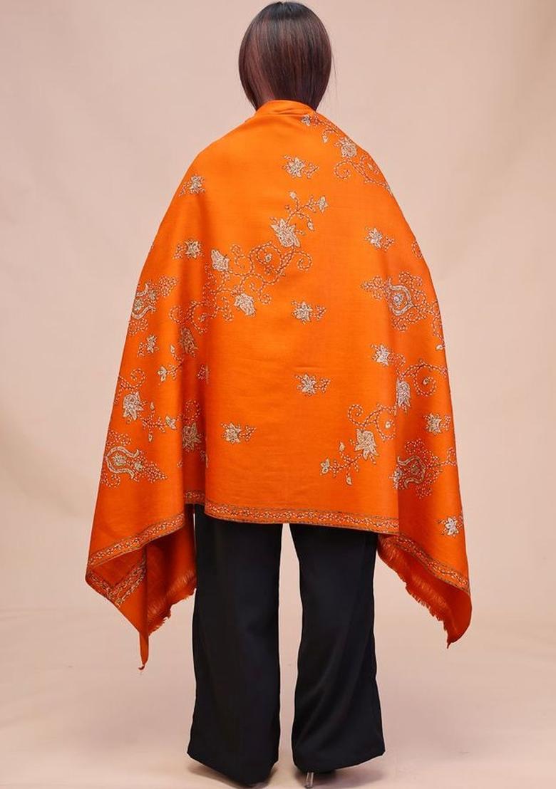 Rust Floral Woolen Shawls - Indya