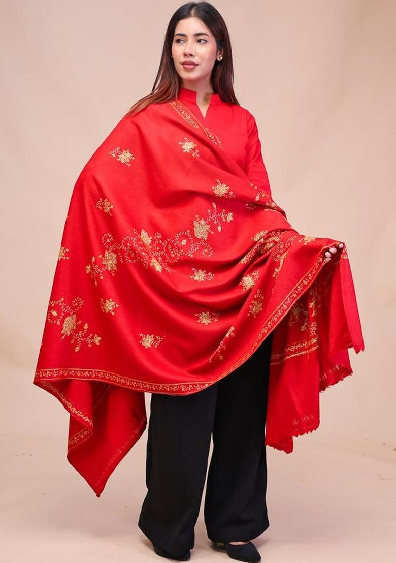 Red Floral Woolen Shawls - Indya