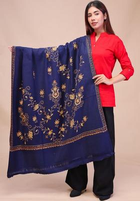 Navy Blue Floral Woolen Shawls