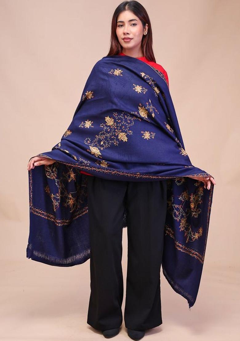 Navy Blue Floral Woolen Shawls - Indya