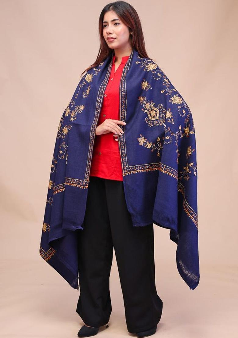 Navy Blue Floral Woolen Shawls - Indya