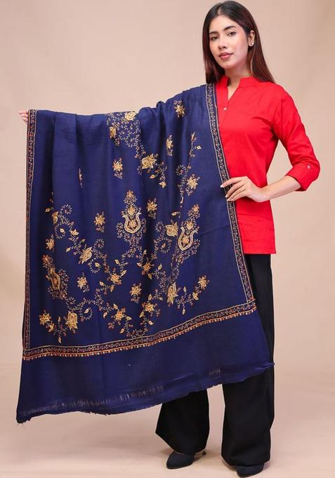Navy Blue Floral Woolen Shawls