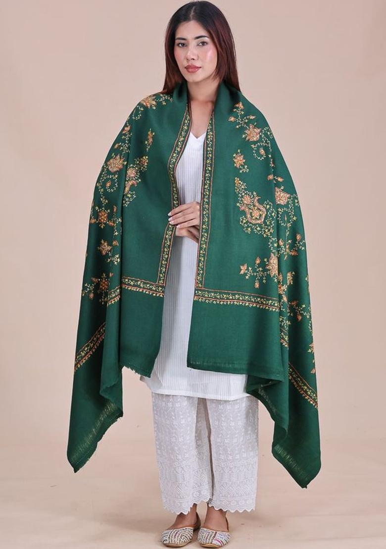 Green Floral Woolen Shawls - Indya