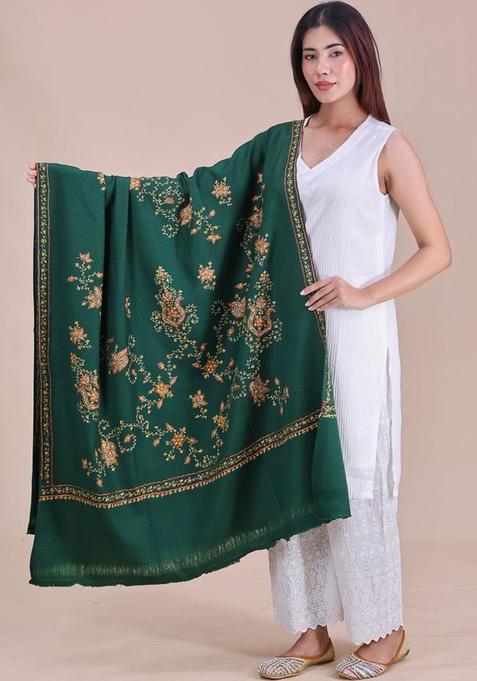 Green Floral Woolen Shawls