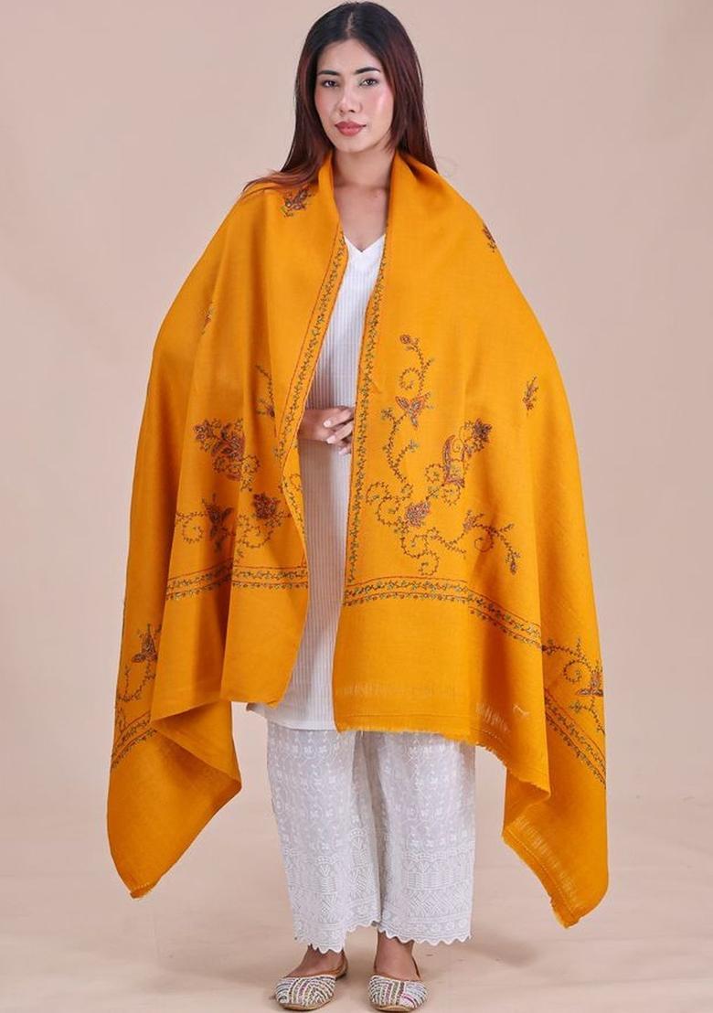 Mustard Floral Woolen Shawls - Indya