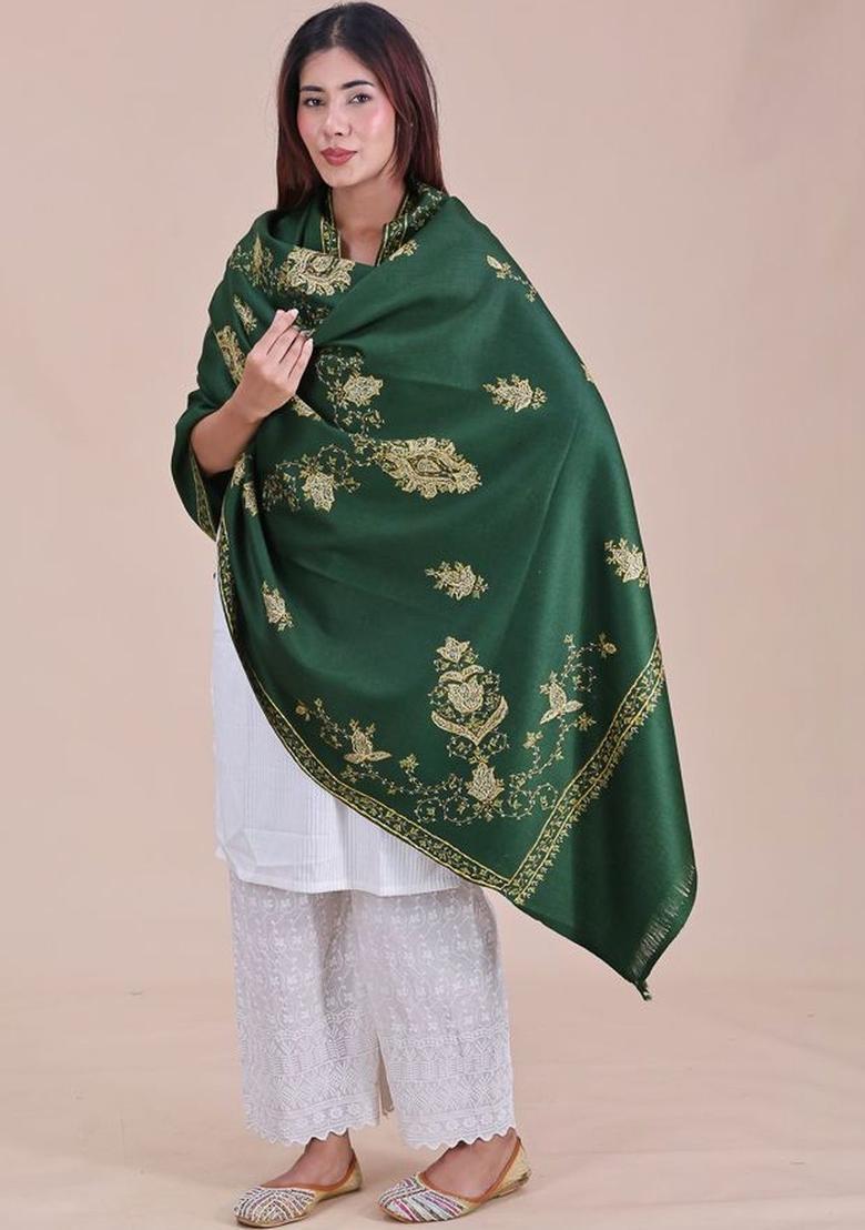 Green Floral Woolen Shawls - Indya