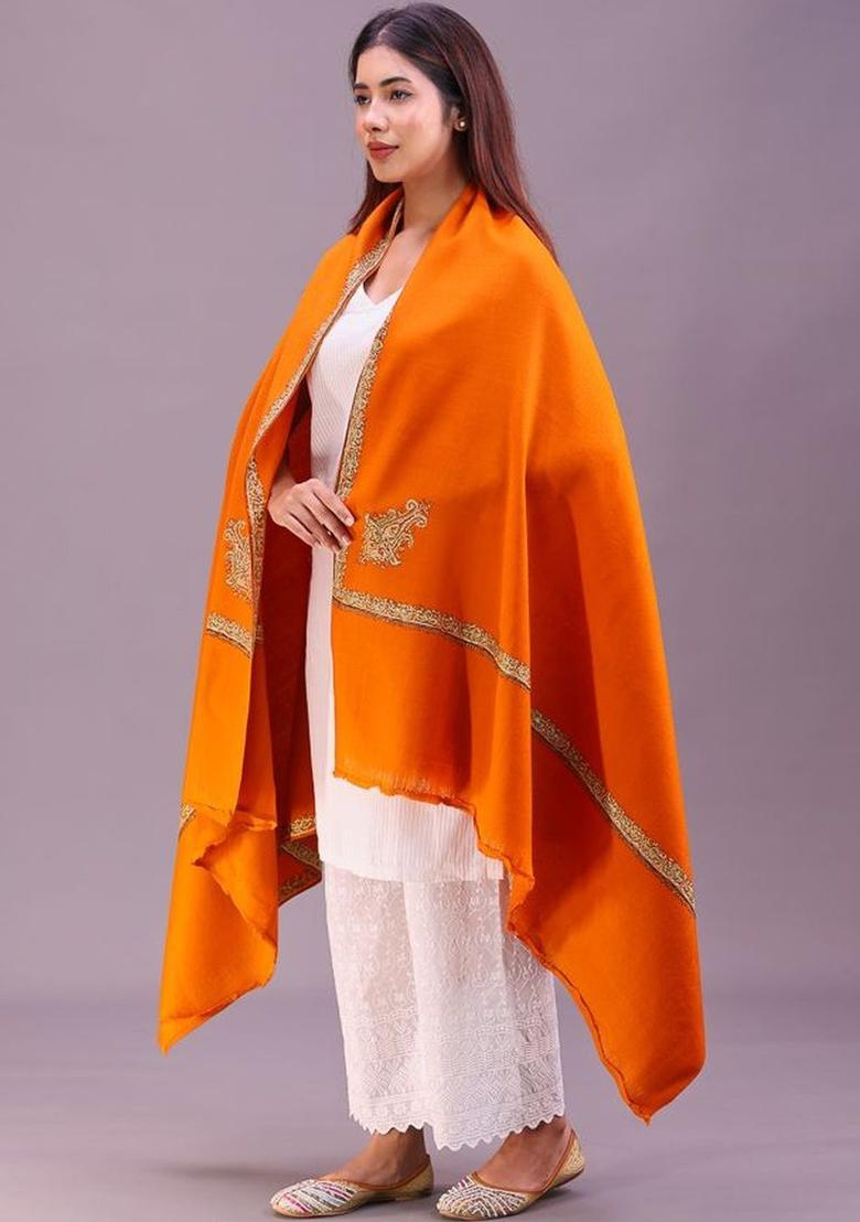 Rust Floral Woolen Shawls - Indya