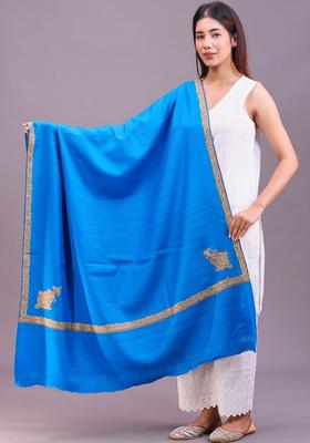 Turquoise Blue Floral Woolen Shawls