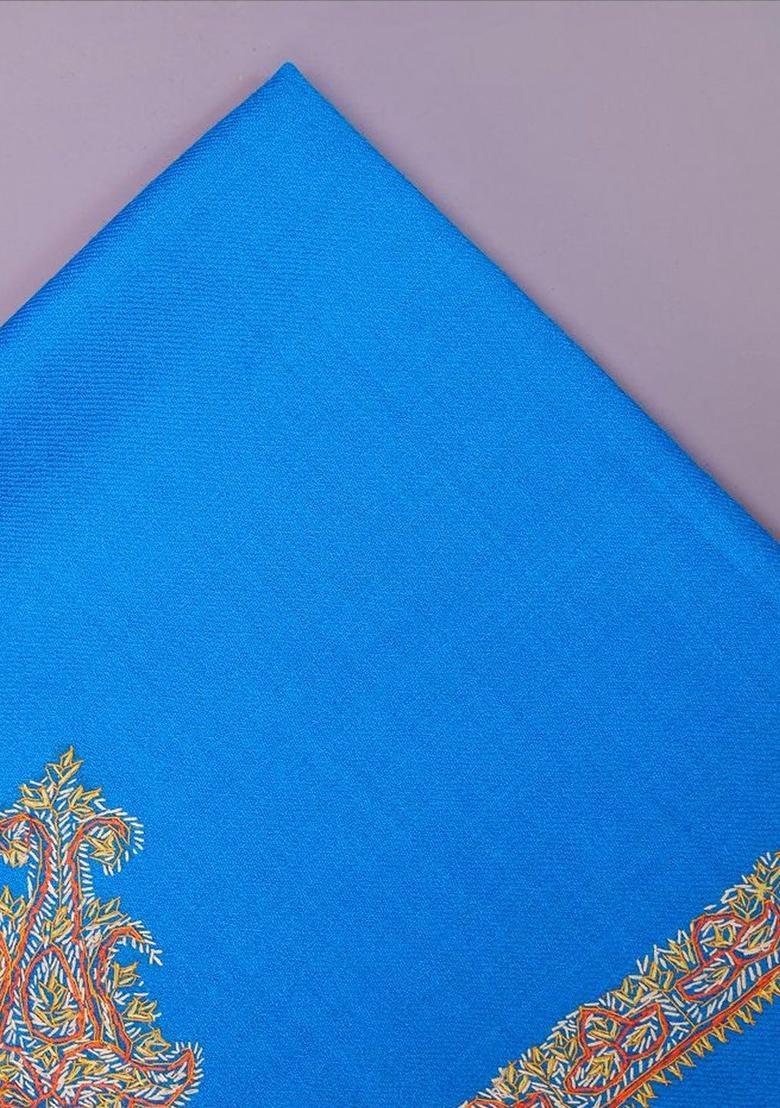 Turquoise Blue Floral Woolen Shawls - Indya