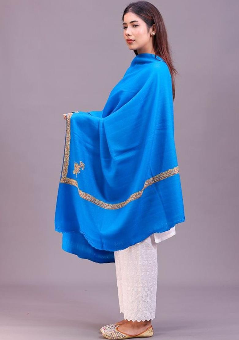 Turquoise Blue Floral Woolen Shawls - Indya