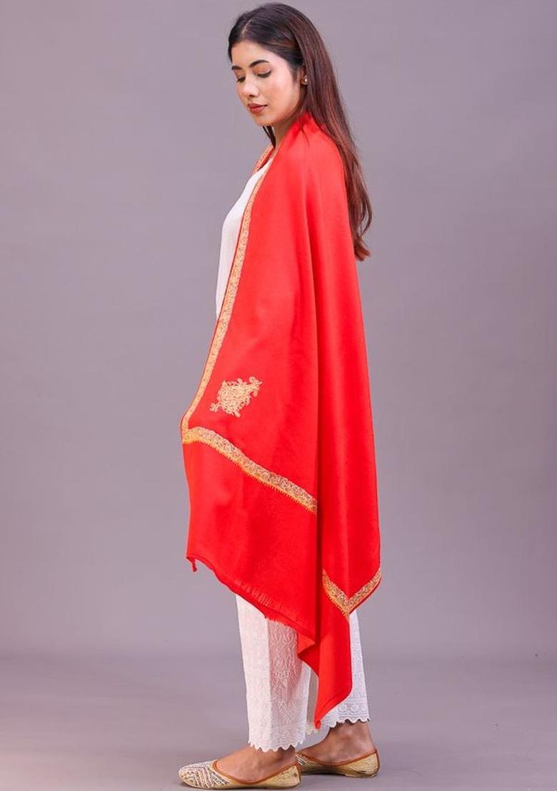 Red Floral Woolen Shawls - Indya