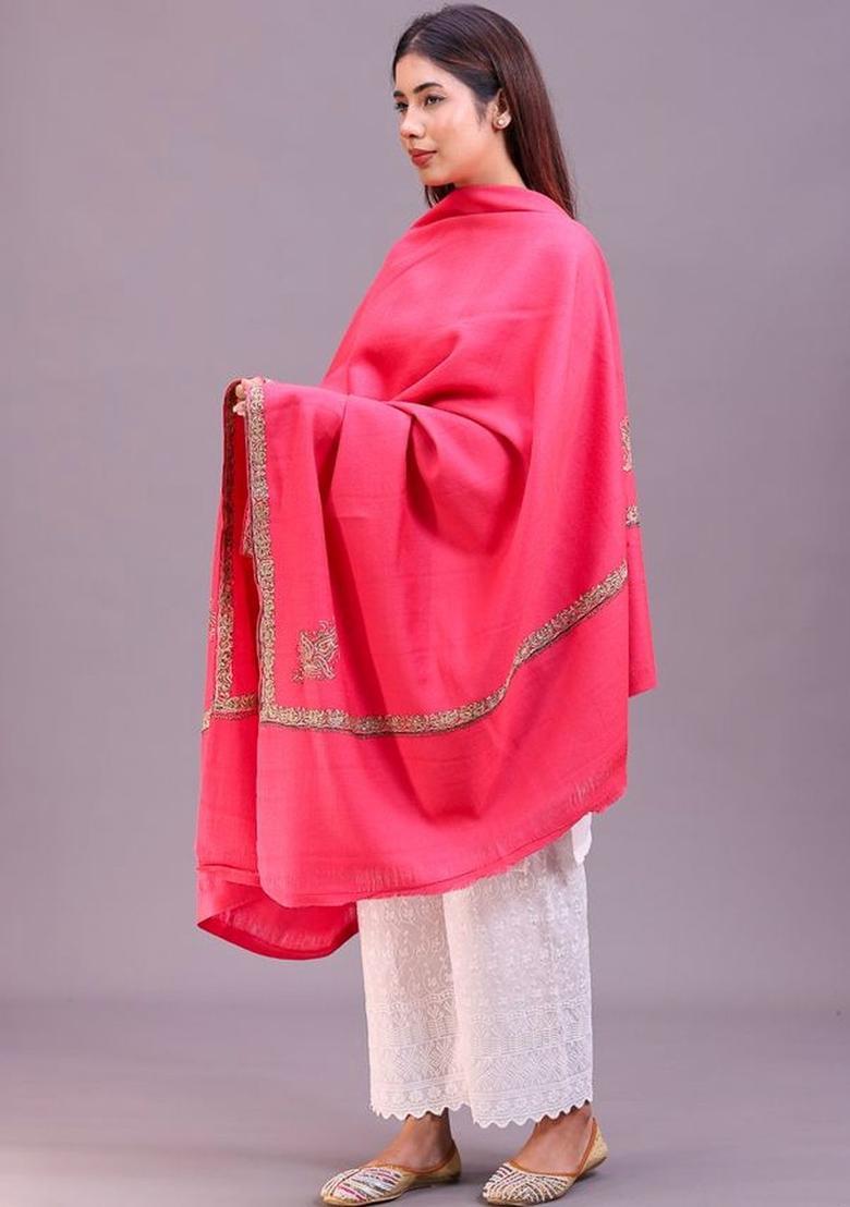 Pink Floral Woolen Shawls - Indya