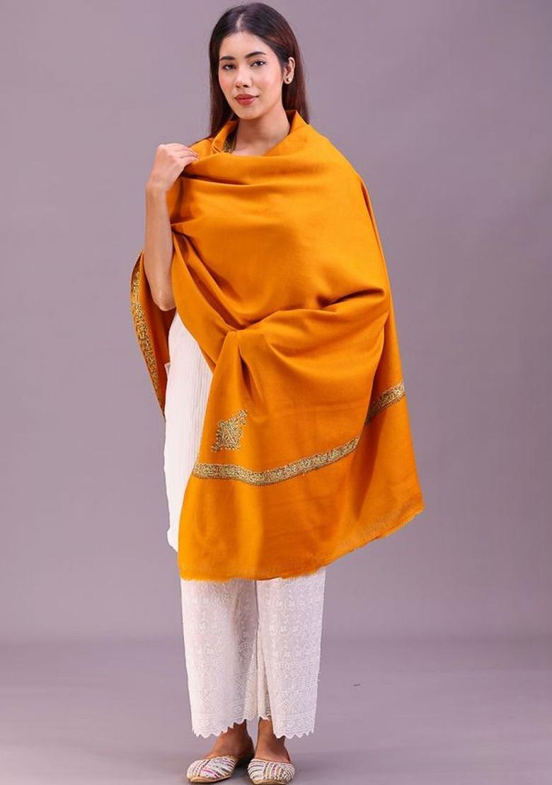 Mustard Floral Woolen Shawls - Indya