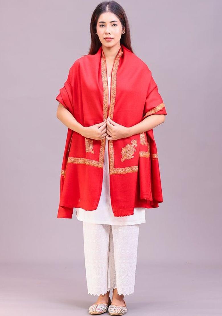 Maroon Floral Woolen Shawls - Indya