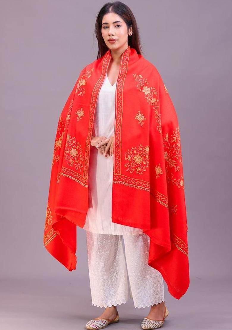 Red Floral Woolen Shawls - Indya
